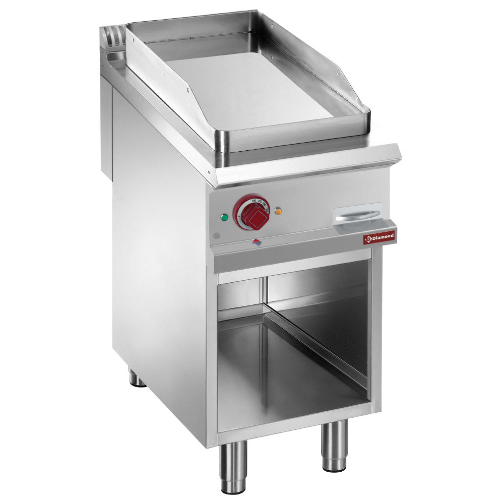 Smooth electric fry top, chromium-plated, module 1/2, open cupboard