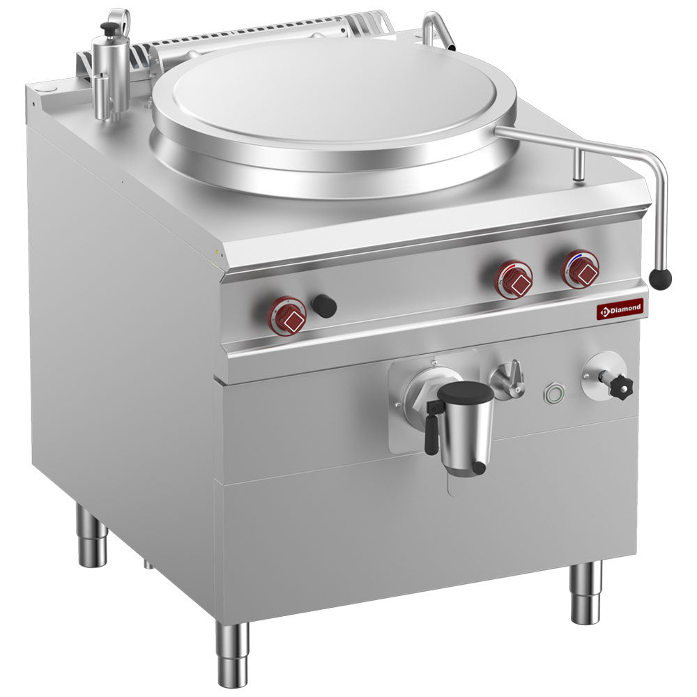 Gas boiling pan, 100-liter tank, indirect heating, on cupboard