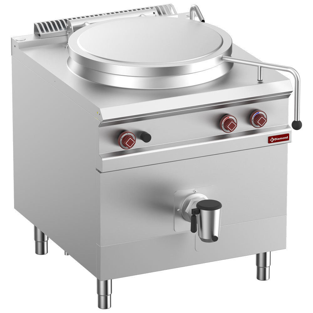 Gas boiling pan, 150-liter tank, direct heating, on cupboard
