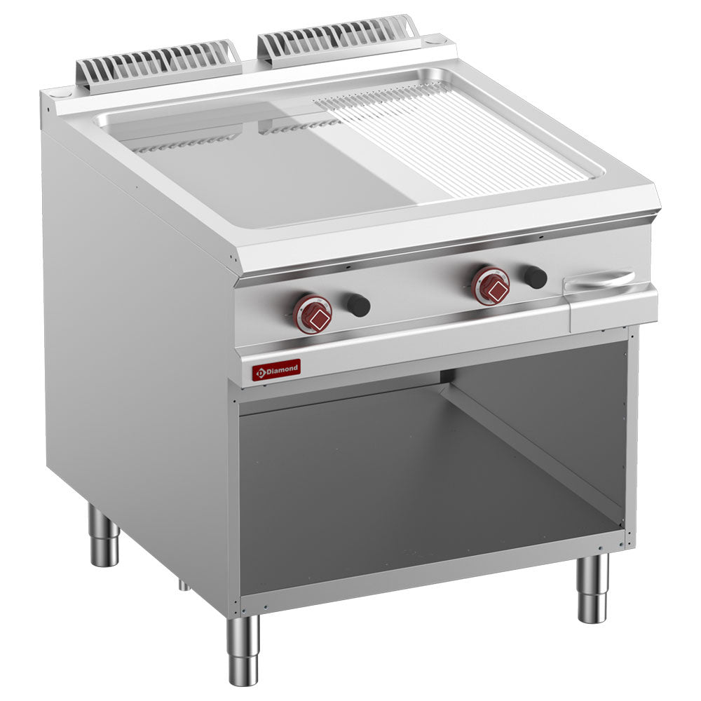 Gas fry top 2/3 smooth & 1/3 grooved, chrom., Mod.1/1, open cupboard
