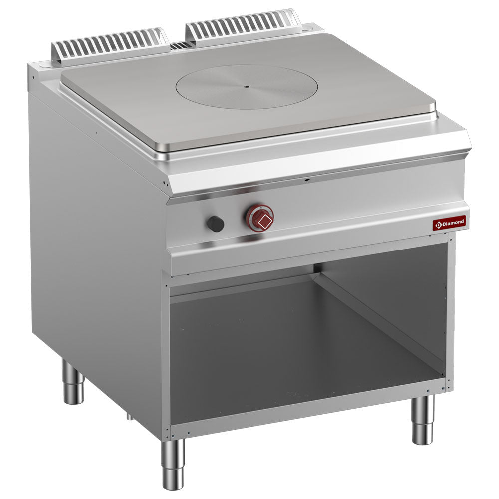 Solid top gas stove, open cupboard