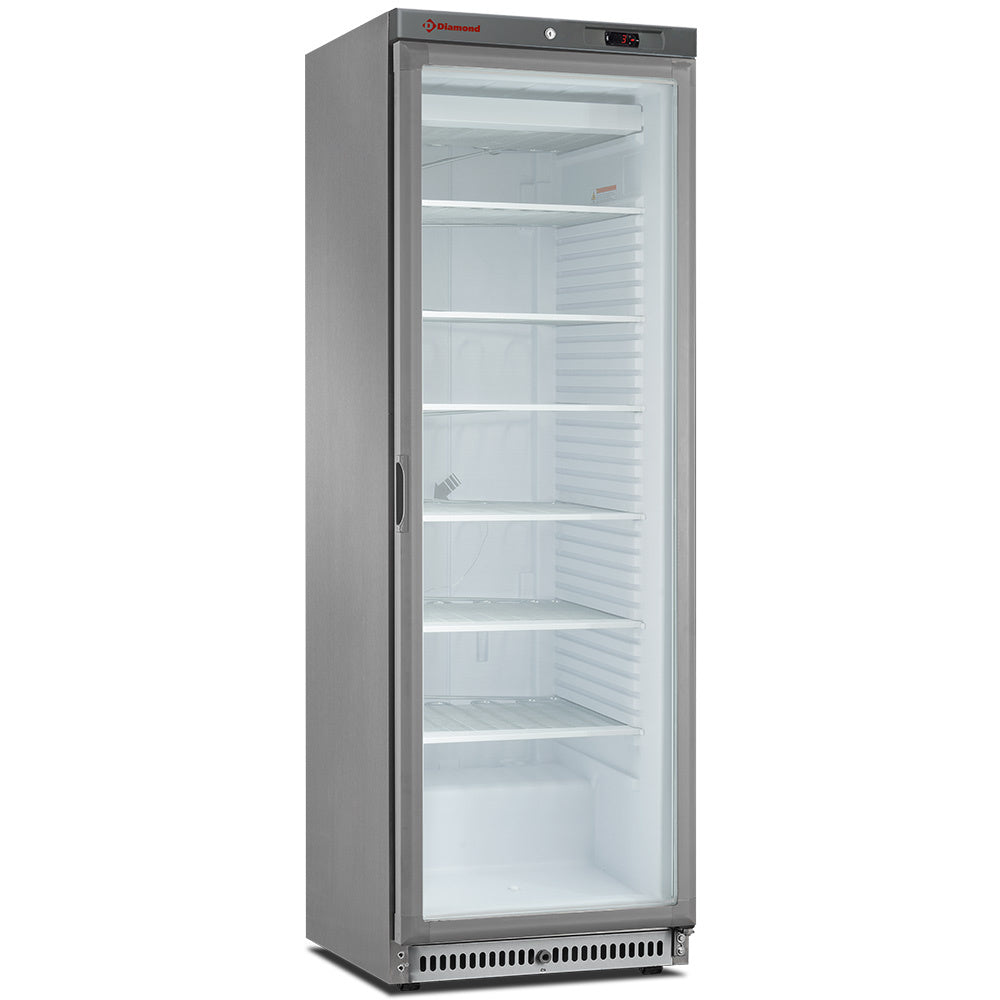 Fryser, statisk, glasdør, 400 liter, rustfrit stål