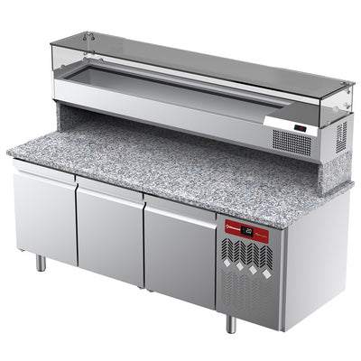 Ventileret kølebord til pizza med 3 døre og køleskabsudstilling 2000x380x410 med granit arbejdsplade.