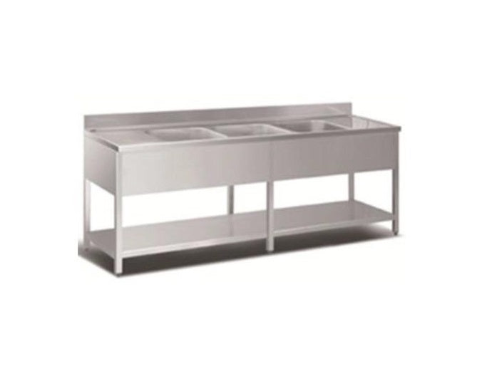 Rustfrit stålbord m. 3 vaske & underhylde, 60-70 cm - NordeleGastro