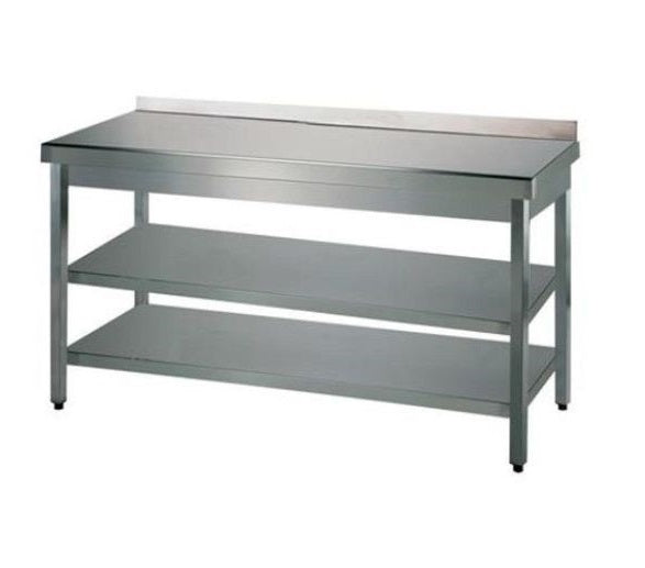 Rustfrit stålbord m. 2 underhylder og bagkant, 70 cm bredde - NordeleGastro