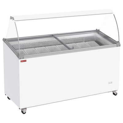 Isdisplay fryser, 467 liter, glidende låg på hjul med buet glas, kapacitet til 8 bøtter