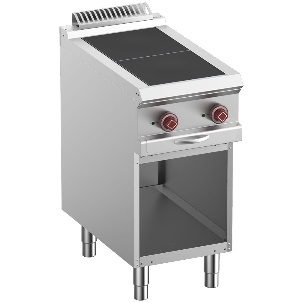 Elektriske komfurer med 2 plader justeret med toppen, på åben skab