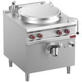 Electric boiling pan, 100-liter tank, indirect heating, on cupboard