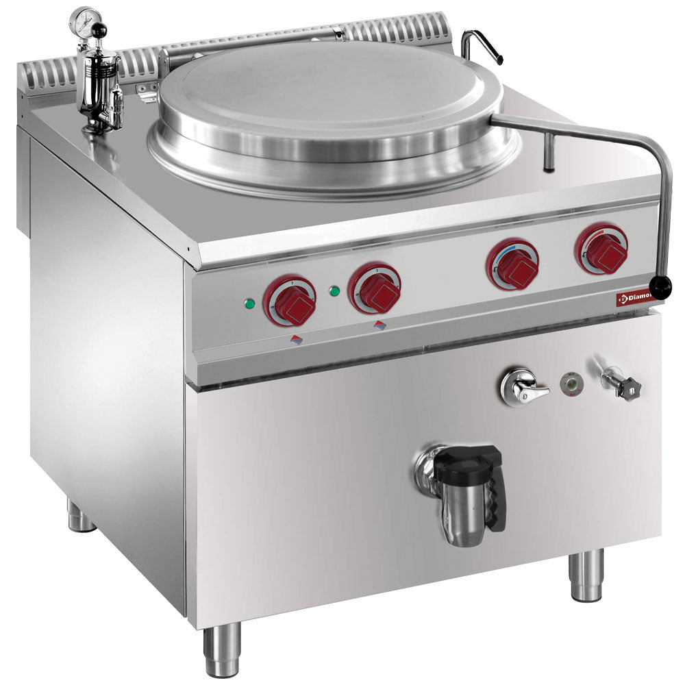 Electric boiling pan, 100-liter tank, indirect heating, on cupboard