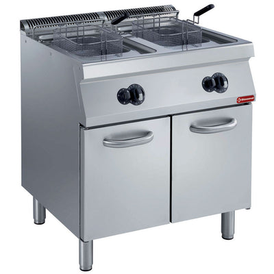 Gas fryer, basin in "Y" 2x 15 liters, external burners, on board