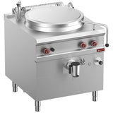 Gas boiling pan, 100-liter tank, indirect heating, on cupboard