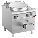 Gas boiling pan, 150-liter tank, indirect heating, on cupboard