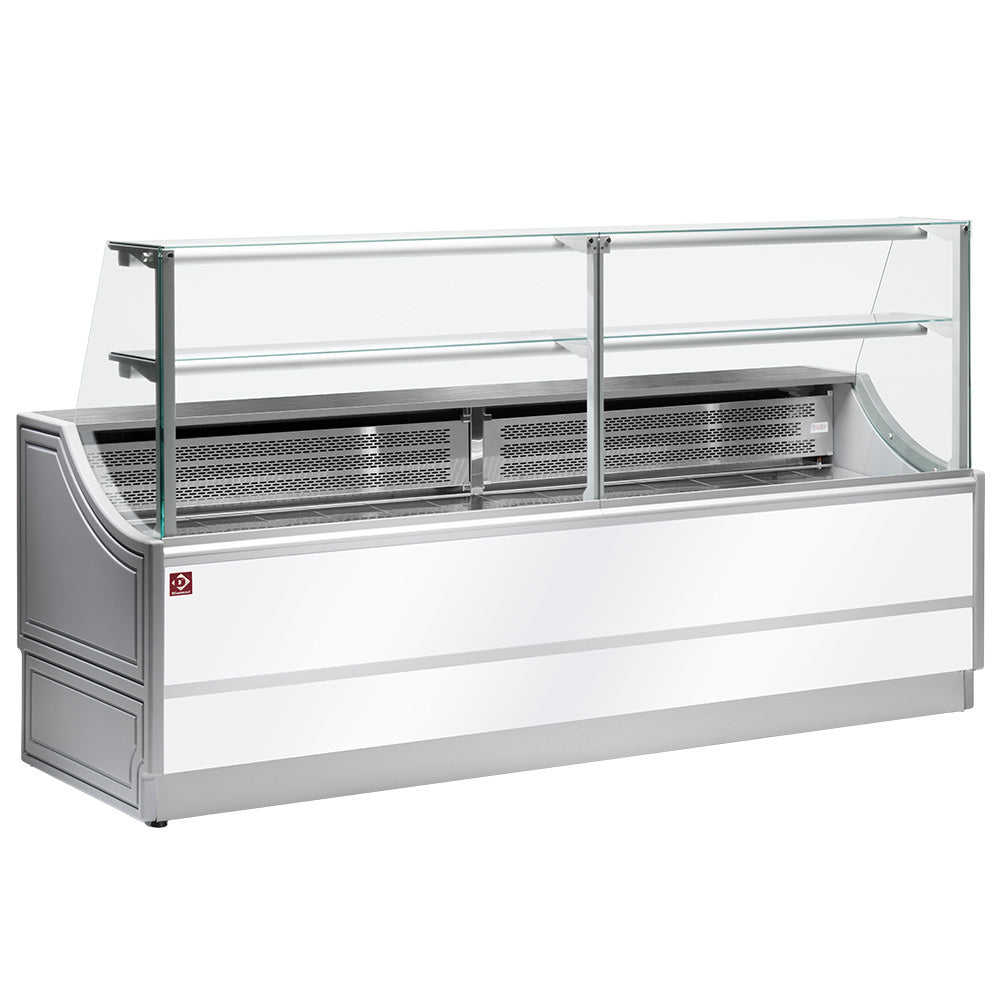 Kølet glasdisplay lige panel 90°, med lagerplads