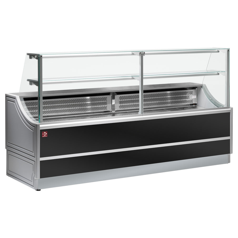 Kølet glasdisplay lige panel 90°, med lagerplads