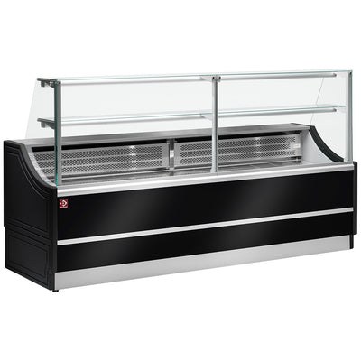 Kølet glasdisplay lige panel 90°, med lagerplads
