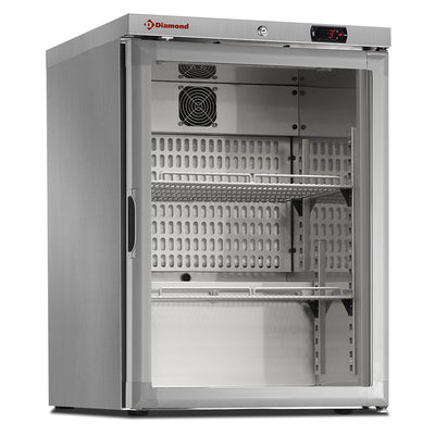 Ventileret køleskab, glasdør, 150 liter. rustfrit stål