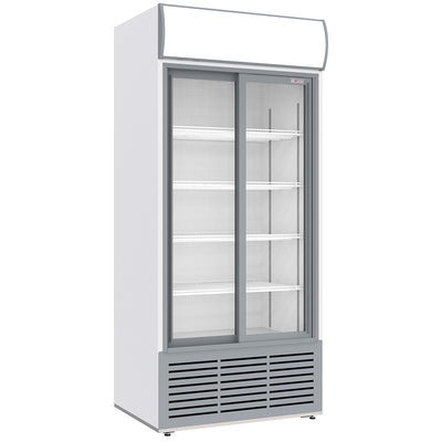 Drinksdisplay positiv ventileret, 783 liter, 2 skydedøre, med lysboks, HVID