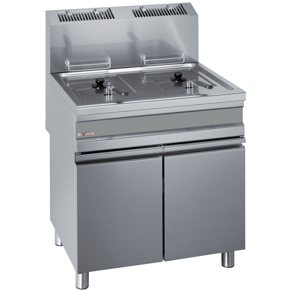 Gas fryer, two 15-liters tank on cupboard