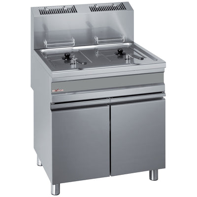 Gas fryer, two 15-liter tanks on cupboard