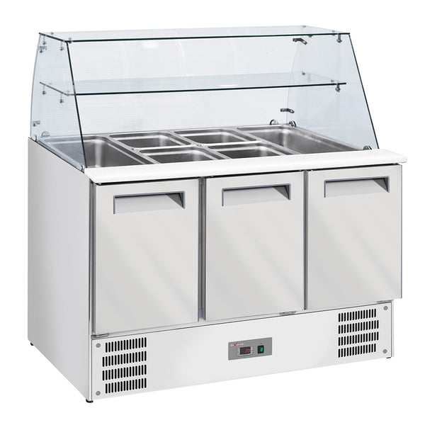 Kølet saladette med buet glas 4x GN1/1-150 mm + reserve 3 døre GN 1/1