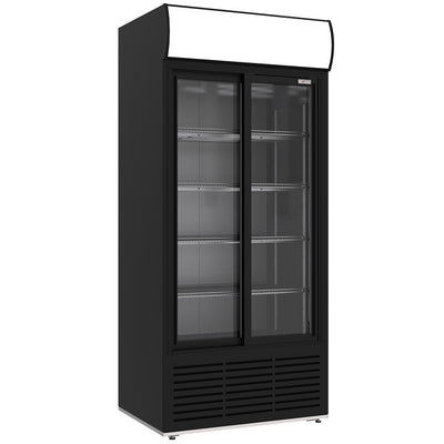 Drinksdisplay positiv ventileret, 783 liter, 2 skydedøre, med lysboks, SORT