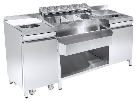 Cocktailbarstation inkl. vask, glasrenser, GN-beholdere, speedrail til flasker, skærebræt og affaldsbeholder