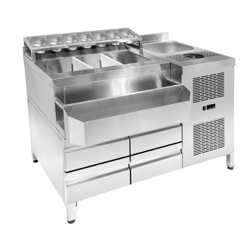 Kølet cocktailbarstation inkl. vask, glasrenser, GN-beholdere og speedrail til flasker