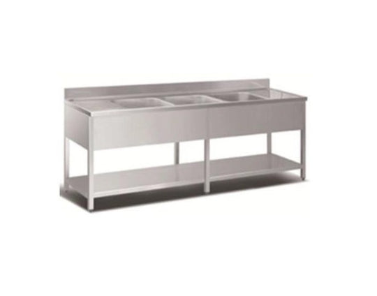 Rustfrit stålbord m. 3 vaske & underhylde, 60-70 cm