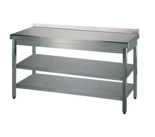 Rustfrit stålbord m. 2 underhylder og bagkant, 70 cm bredde