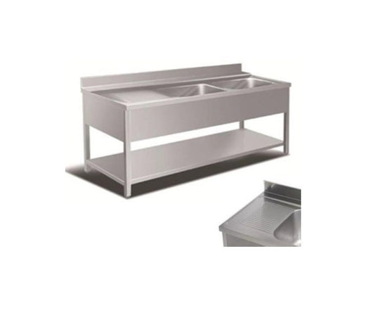 Rustfrit stålbord m. 2 vaske, underhylde & tørreplads til venstre, 60-70 cm