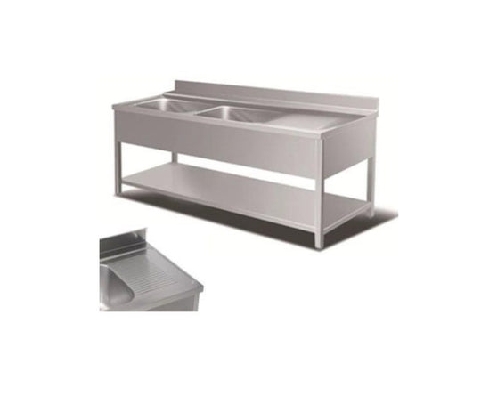 Rustfrit stålbord m. 2 vaske, underhylde & tørreplads til højre, 60-70 cm